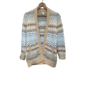 L.L. Bean Women's Fair Isle Cardigan Sweater XS Tan‎ Blue Geometric Knit